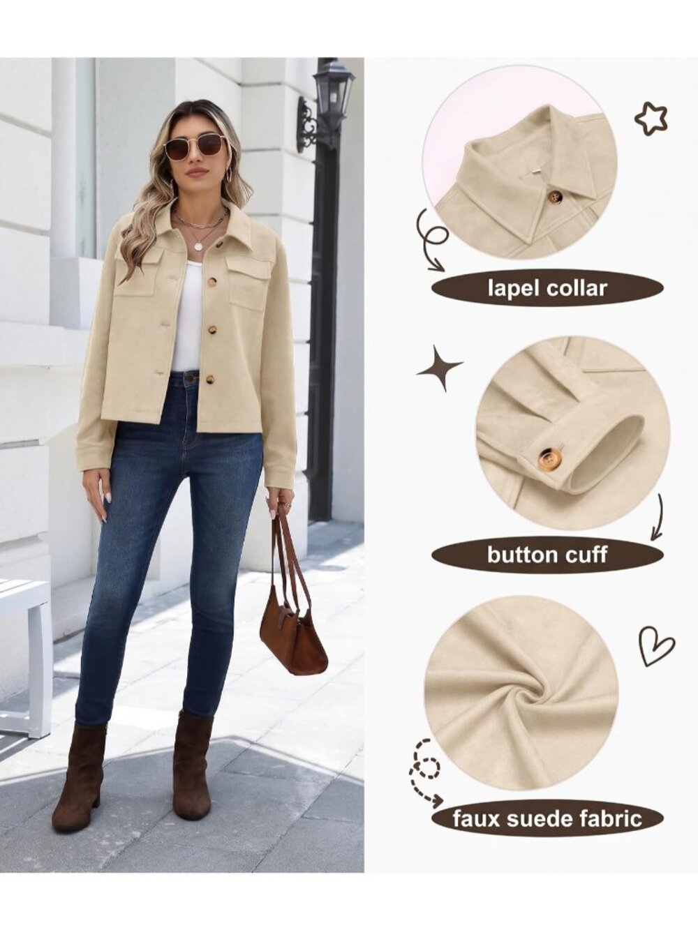 Women Apricot Long Sleeve Faux Suede Cropped Shacket Button Down Fall Jacket - Picture 4 of 4